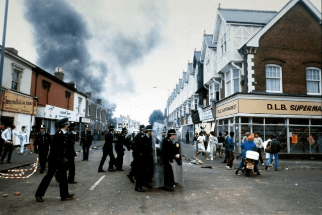 A street in Handsworth showing the aftermath of the 1985 riots.